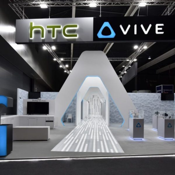 HTC logo next to the VIVE logo as part of a bespoke exhibition stand