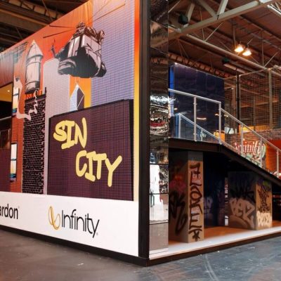 Large street art used as imagery for a bespoke exhibition stand for Harman.